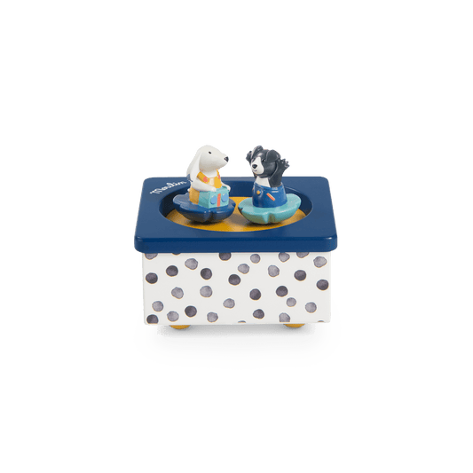 Puce & Pilou rotating dog figurines on wooden music box