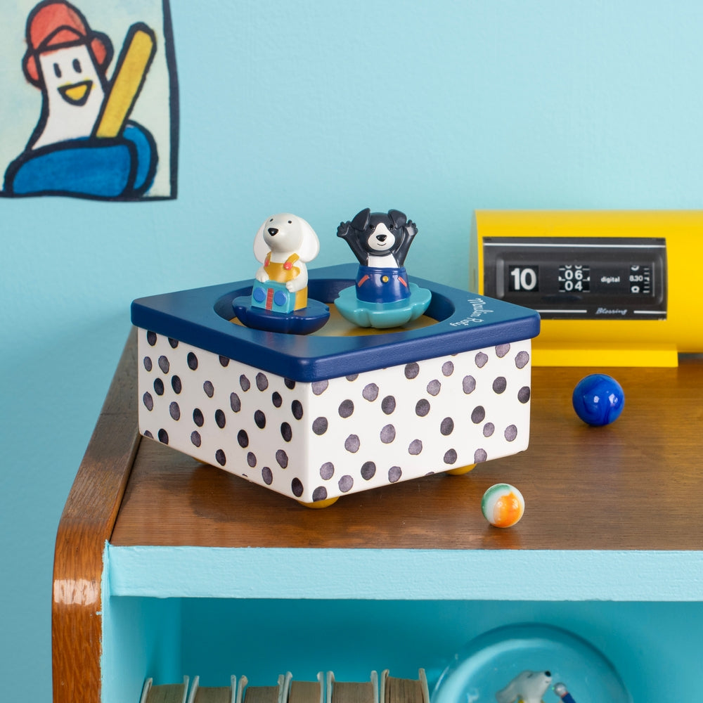 Moulin Roty Puce & Pilou music box with navy lid and polka dot base