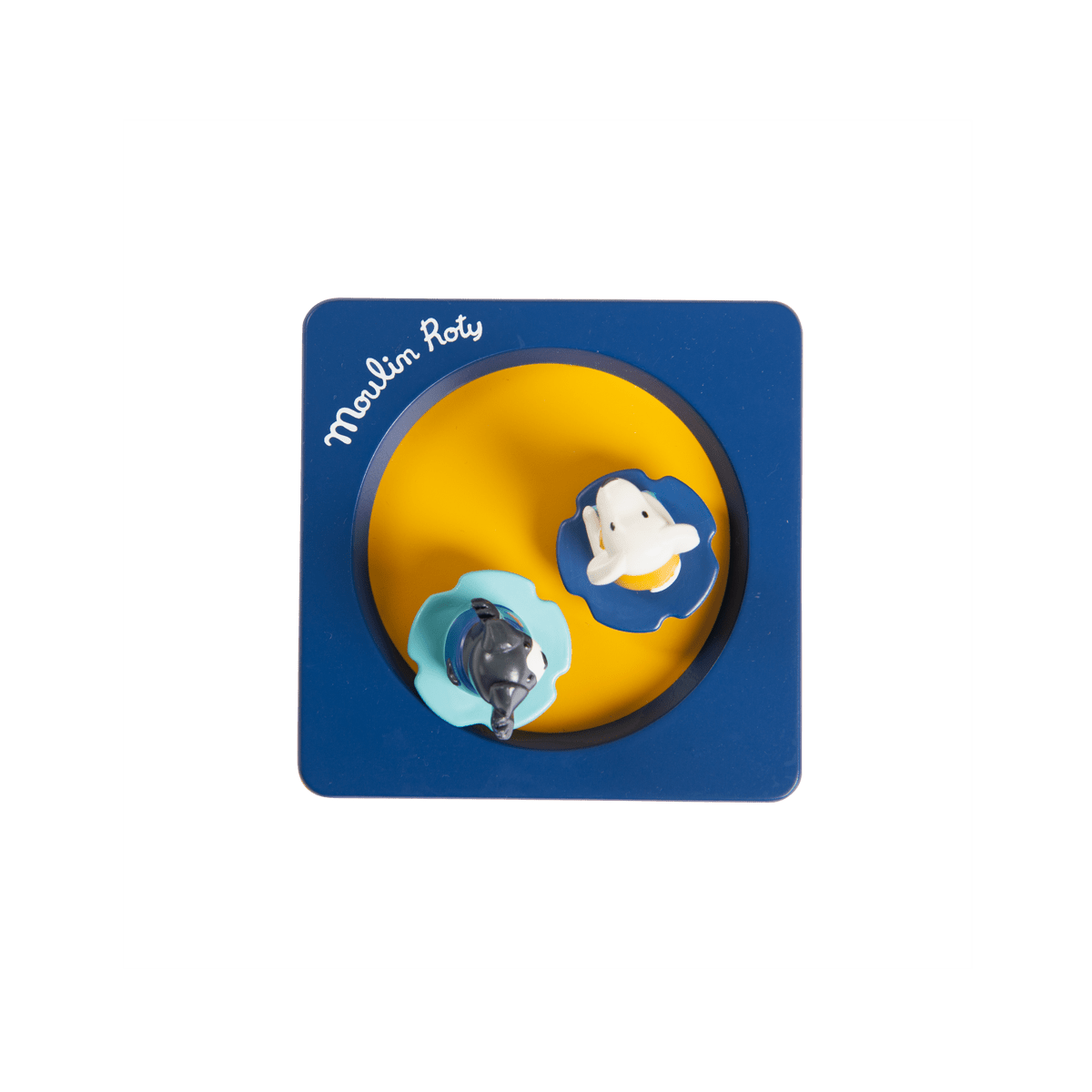 Top view of Moulin Roty logo on music box lid