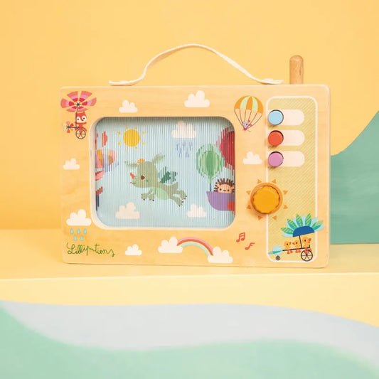 Wooden Lilliputians music box showing green dragon flying scene