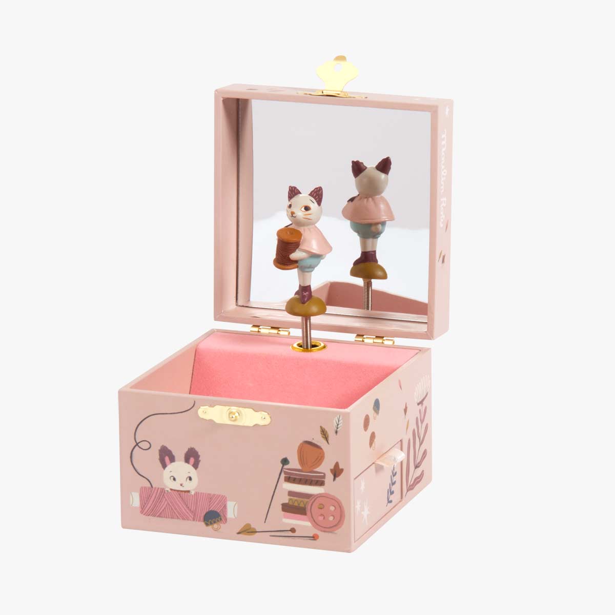 Moulin Roty pale pink music box with glass lid showing dancing cat figurine and sewing illustrations