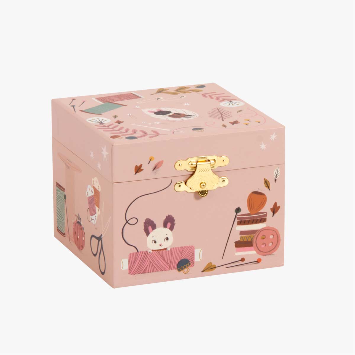 Moulin Roty pink musical gift box exterior featuring rabbit yarn spool and button artwork