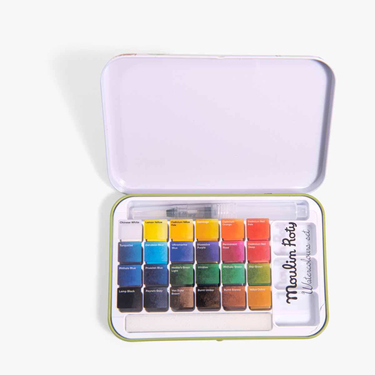 Open metal tin containing 24 vibrant watercolor pans and plastic water brush