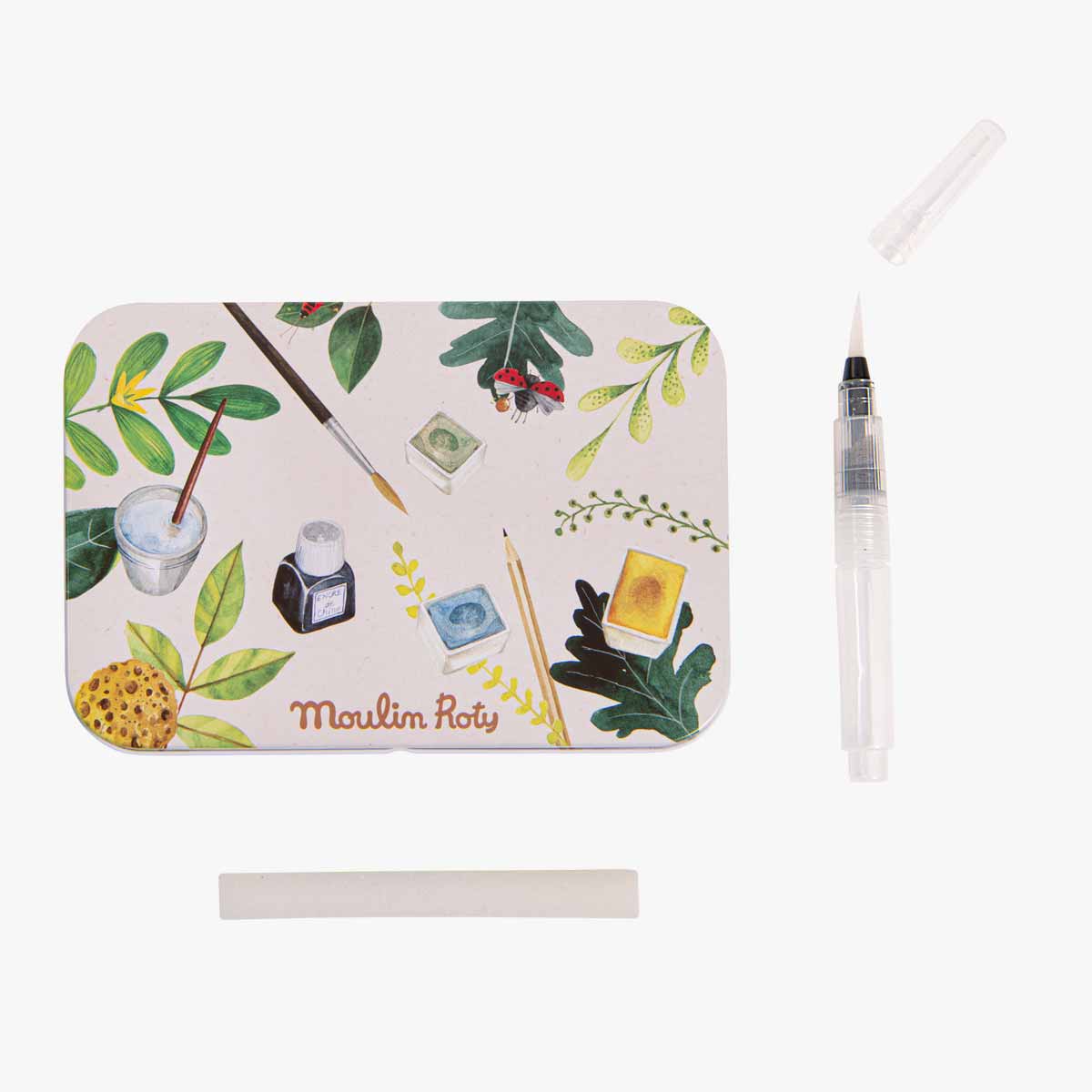 Watercolor paint box shown with transparent water brush pen and eraser