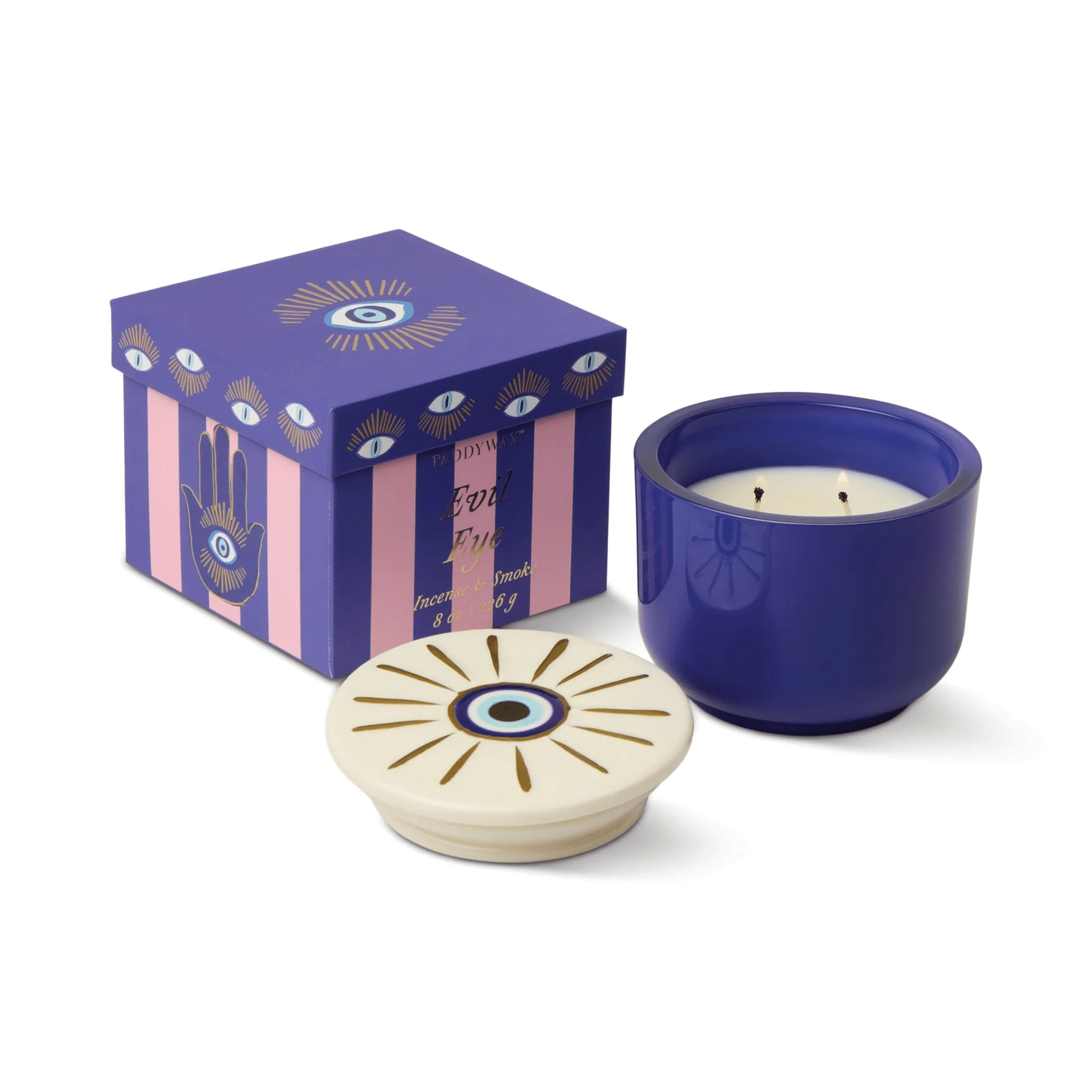 Bougie Charmed en verre bleu avec céramique Œil Protecteur – Parfum Encens & Fumée – 226 g