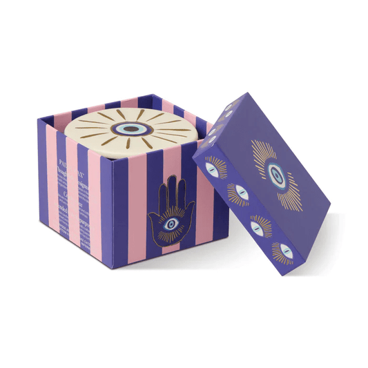 Bougie Charmed en verre bleu avec céramique Œil Protecteur – Parfum Encens & Fumée – 226 g