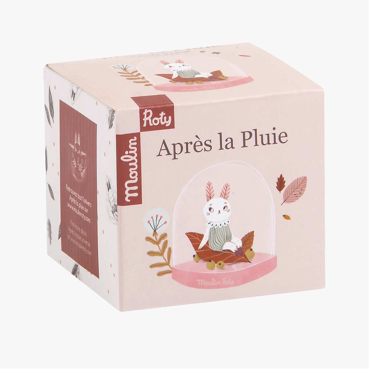 Moulin Roty Après la pluie snow globe packaging box with rabbit illustration