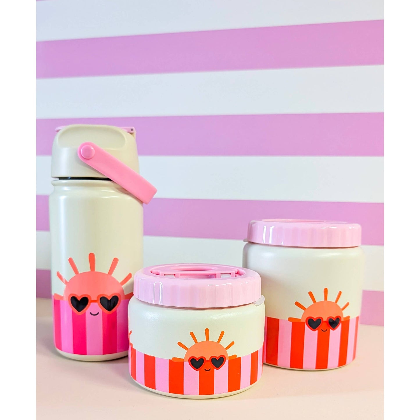 Sun-themed kids insulated bottle and jar set with pink accents