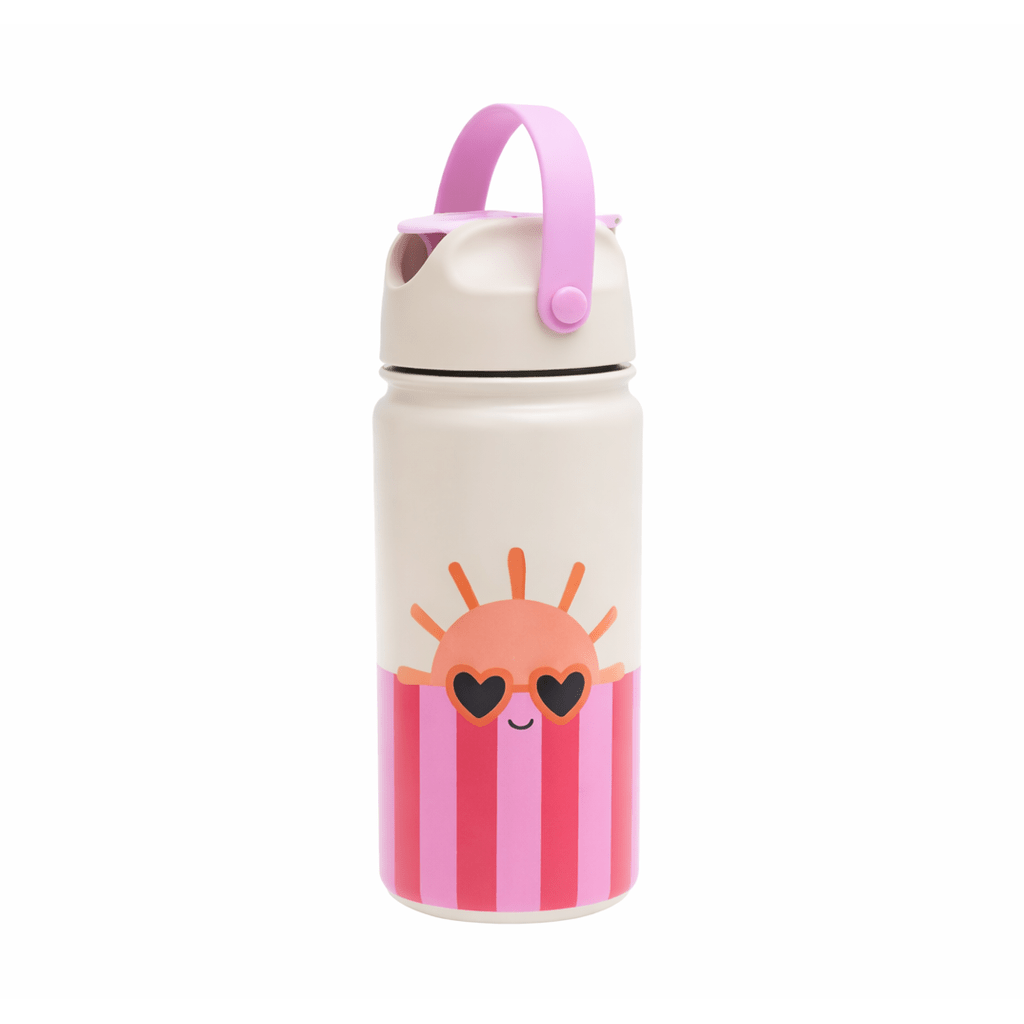 White kids insulated bottle with pink stripes and sun graphic