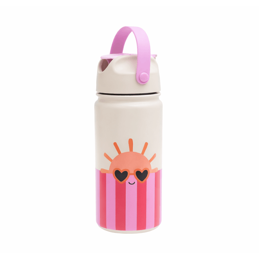 White kids insulated bottle with pink stripes and sun graphic