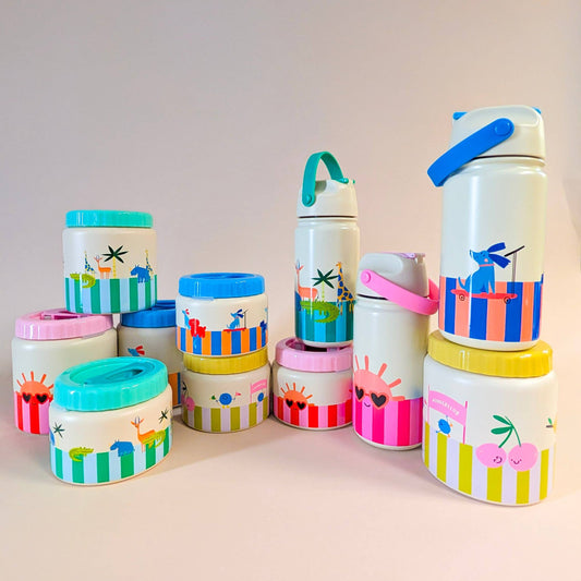 Children's insulated water bottles and food containers with colorful patterns
