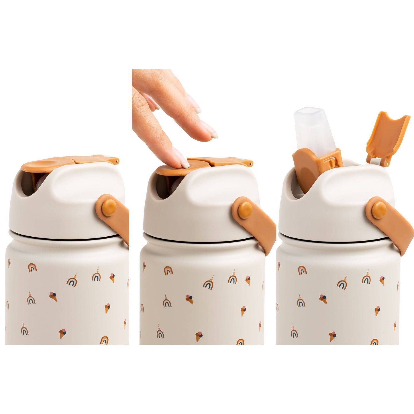 Flip-top lid mechanism on cream insulated bottle with rainbow and ice cream pattern