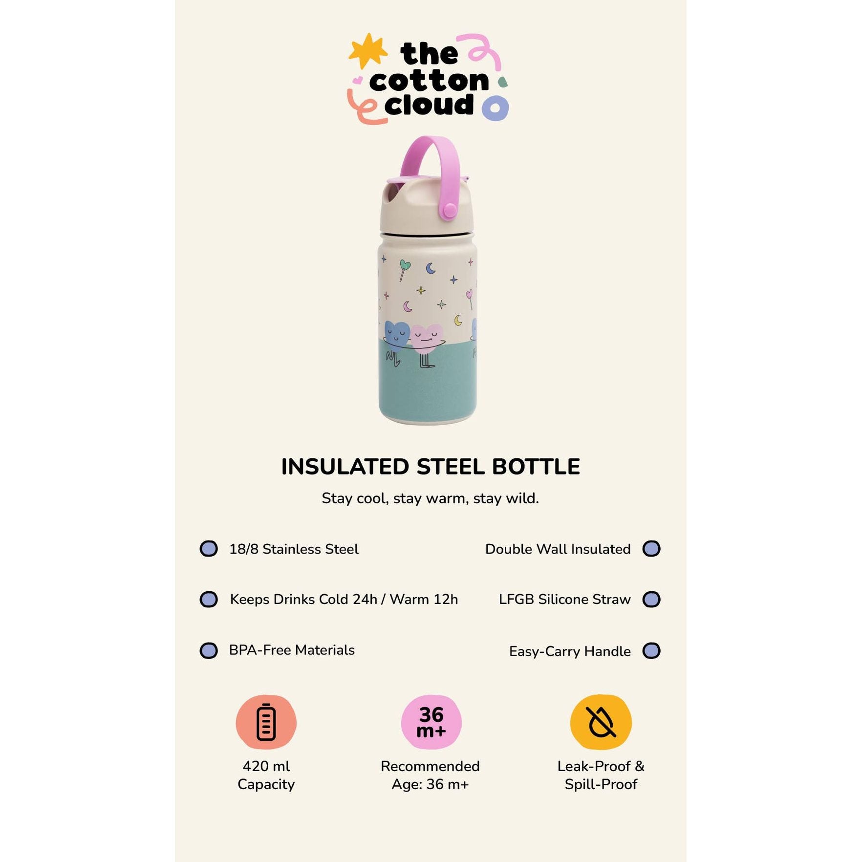Insulated steel bottle features double wall insulation and leak-proof design for kids