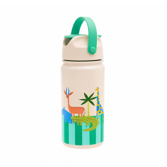 Jungle-themed insulated bottle with antelope hippo crocodile and giraffe illustration