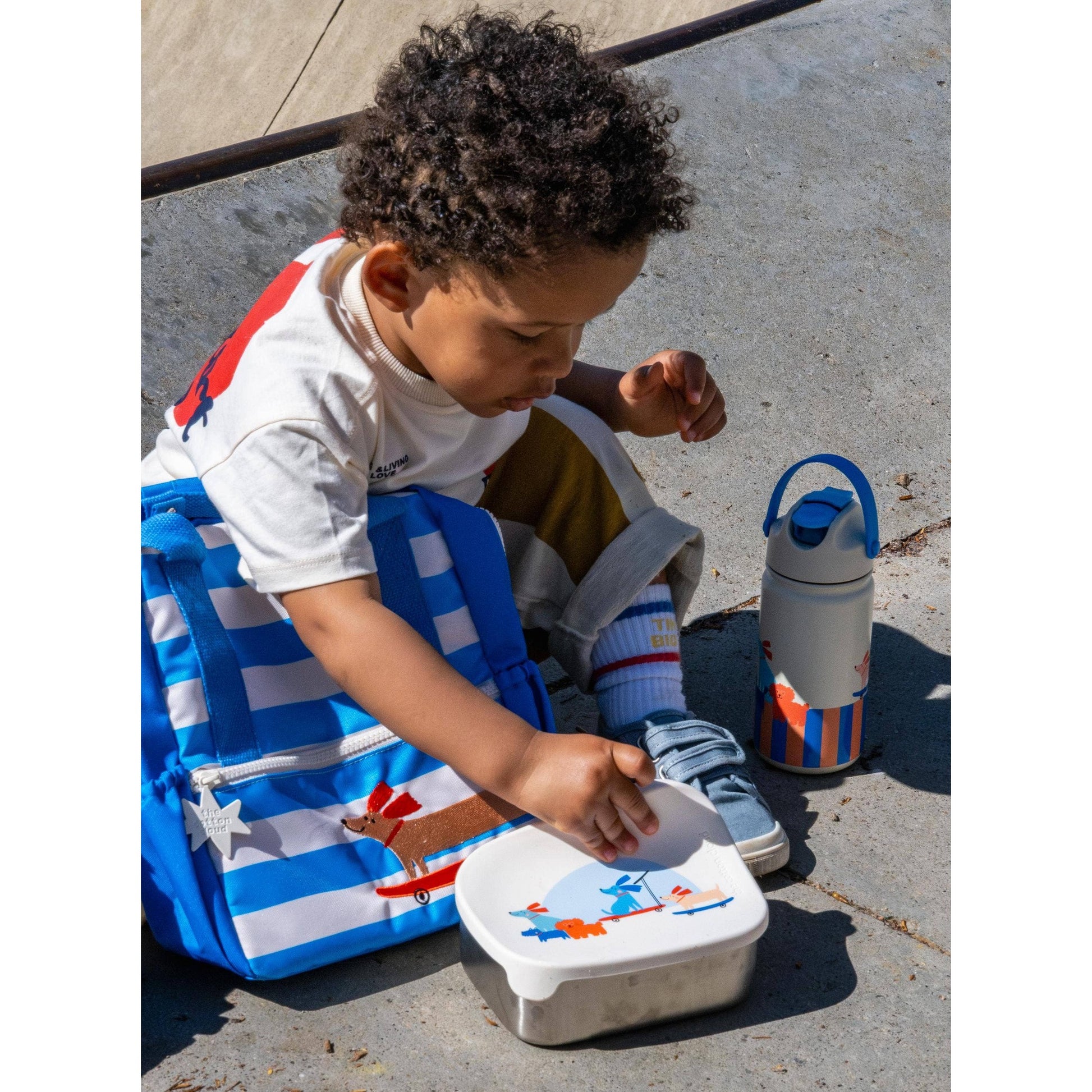 Stainless steel lunchbox and insulated bottle with skateboard animals for children