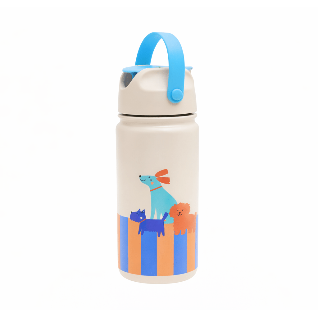 White insulated bottle with blue handle and cartoon dogs on orange blue stripes