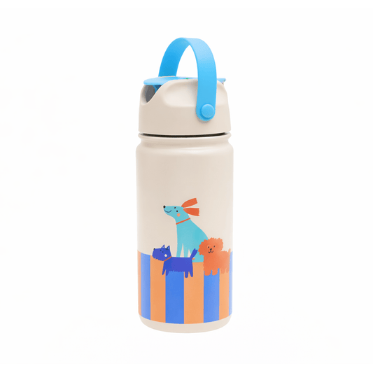 White insulated bottle with blue handle and cartoon dogs on orange blue stripes
