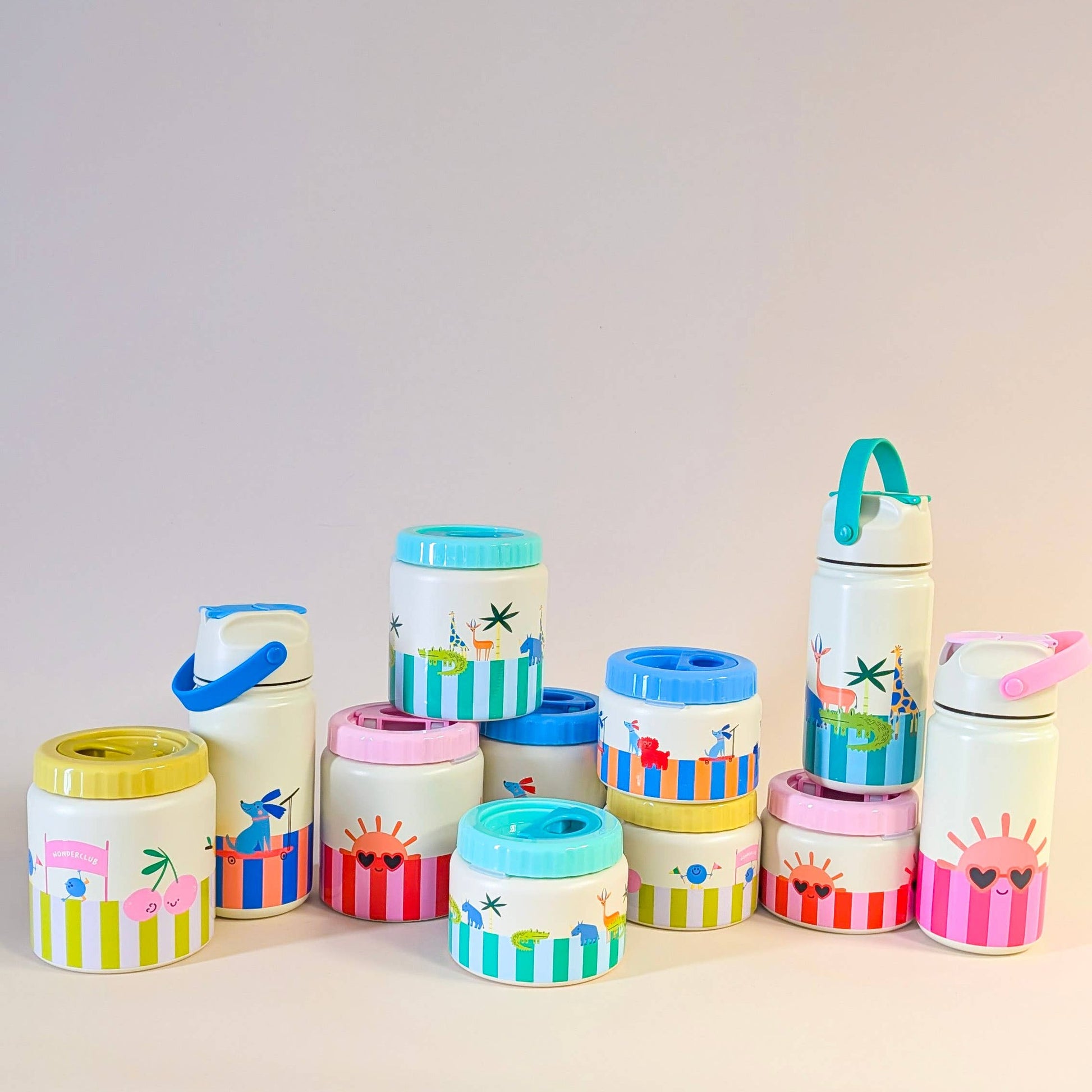 Children's stainless steel insulated bottles with animal prints and colorful striped bases