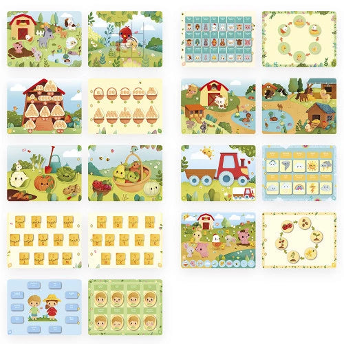 Grid of 16 farm activity pages including alphabet matching and vegetable sorting
