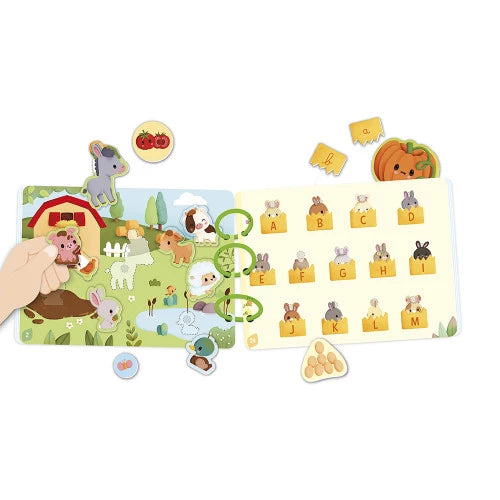 Farm busy book pages showing alphabet matching grid and detachable animal pieces