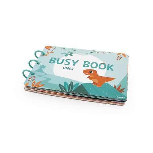 Closed Busy Book Dino cardboard activity book with orange T-Rex cover