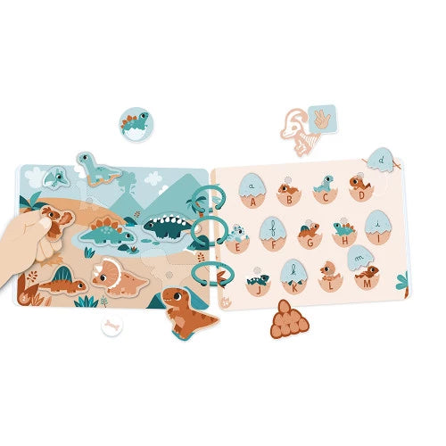 Interactive dinosaur busy book with detachable egg pieces and letter tiles
