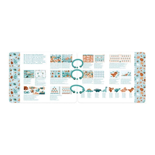 Bilingual dinosaur activity book spread with French English instructions