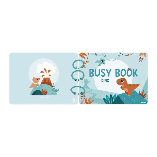 Busy book Dino cover with T-Rex and teal plastic rings binding
