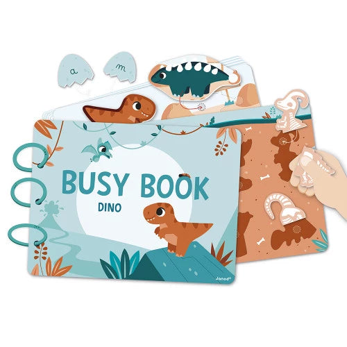 Lift-the-flap dinosaur busy book revealing hidden Spinosaurus illustration