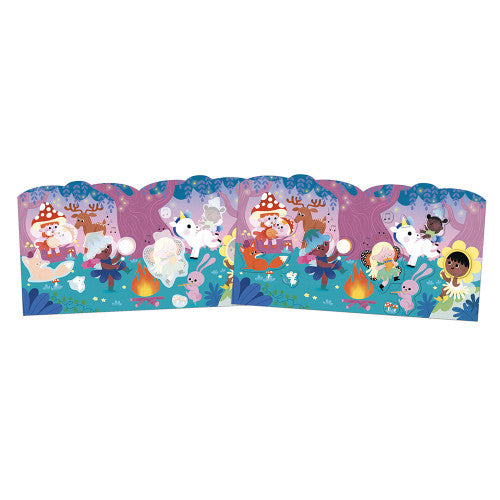 Forest-themed spread in JANOD sticker book featuring unicorns and campfire scenes