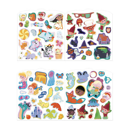 Sheet of die-cut fantasy stickers with fairies, animals, and castles from JANOD