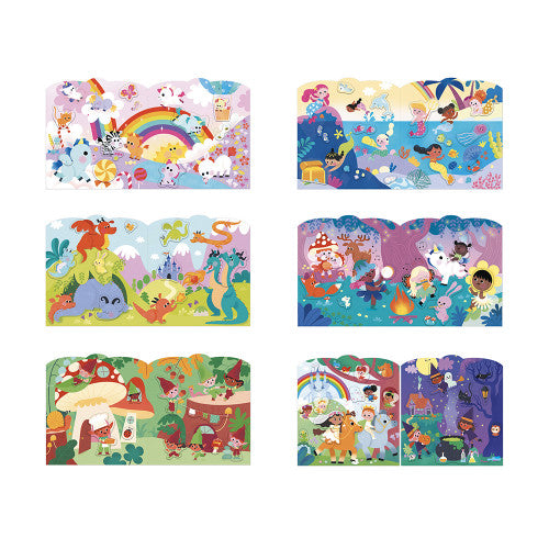 Grid of six magical scenes from JANOD sticker book including mermaids and dragons