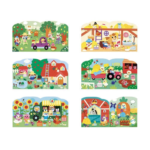 Six colorful farm activity scenes from JANOD children's sticker book