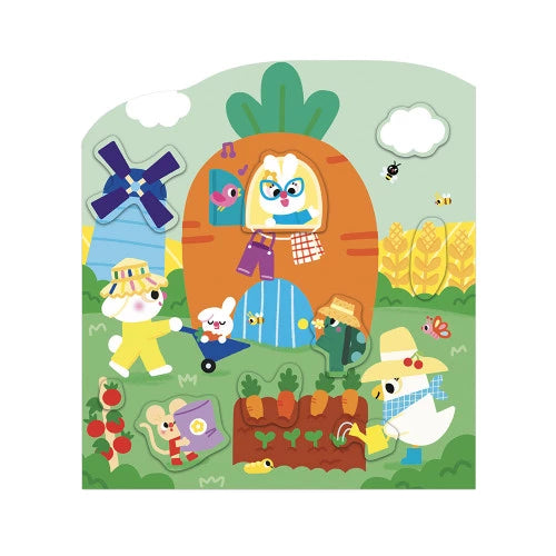 Farm scene page from JANOD sticker book featuring carrot house and owl
