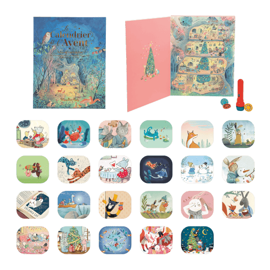 Moulin Roty advent calendar contents including 24 projection disc artwork thumbnails