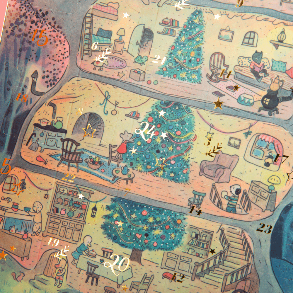 Close-up of Moulin Roty advent calendar interior burrow scene with numbered pockets
