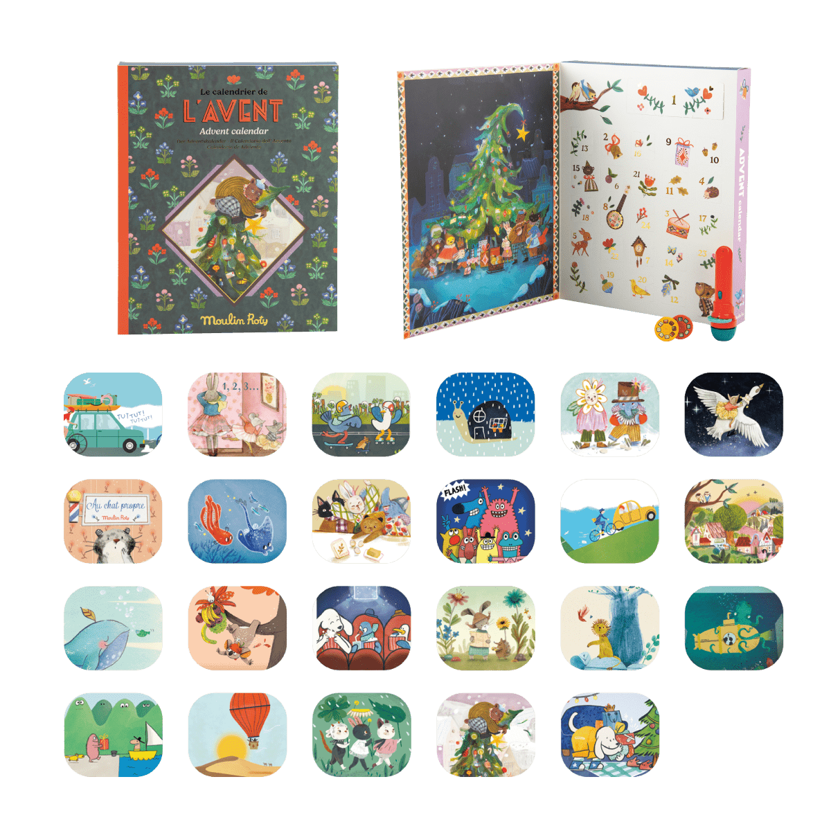 Moulin Roty advent calendar box contents with projector pen and projection discs