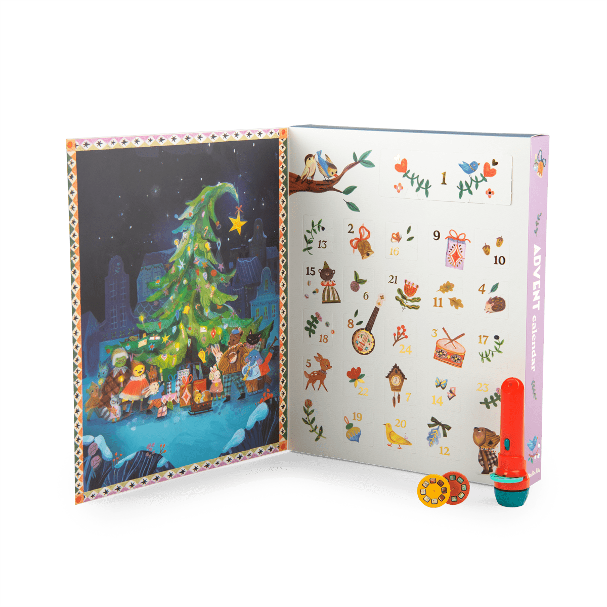 Les Minouchkas advent calendar open display with night scene illustration