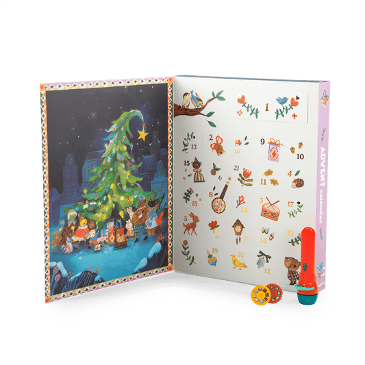 Les Minouchkas advent calendar open display with night scene illustration