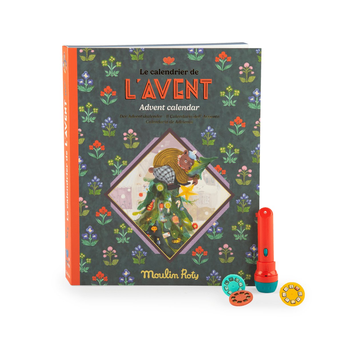 Les Minouchkas advent calendar packaging with red flashlight projector and discs