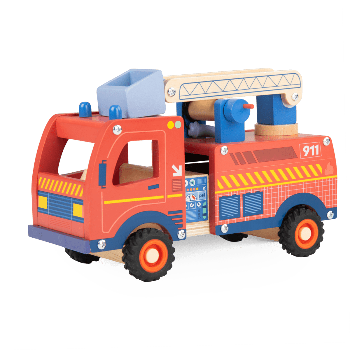 Side view of red and blue wooden fire engine with extended ladder and control panel details