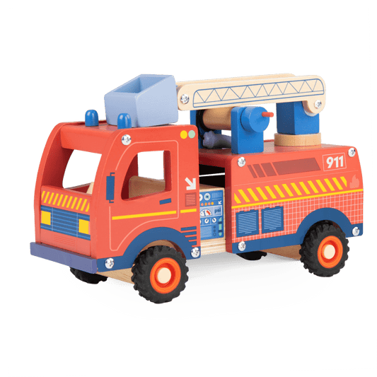 Side view of red and blue wooden fire engine with extended ladder and control panel details
