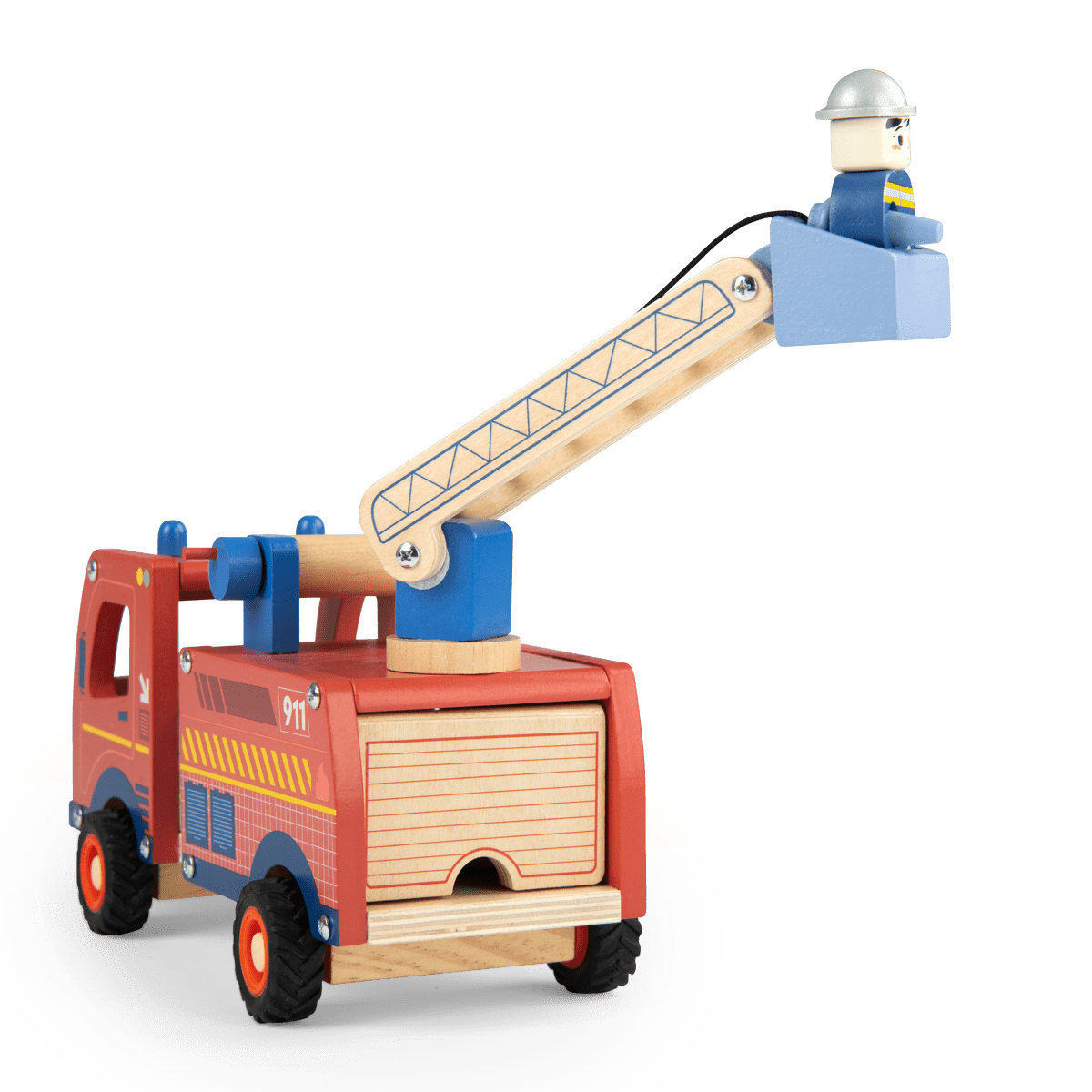 Front three-quarter view of wooden fire truck with folded ladder and blue cab lights