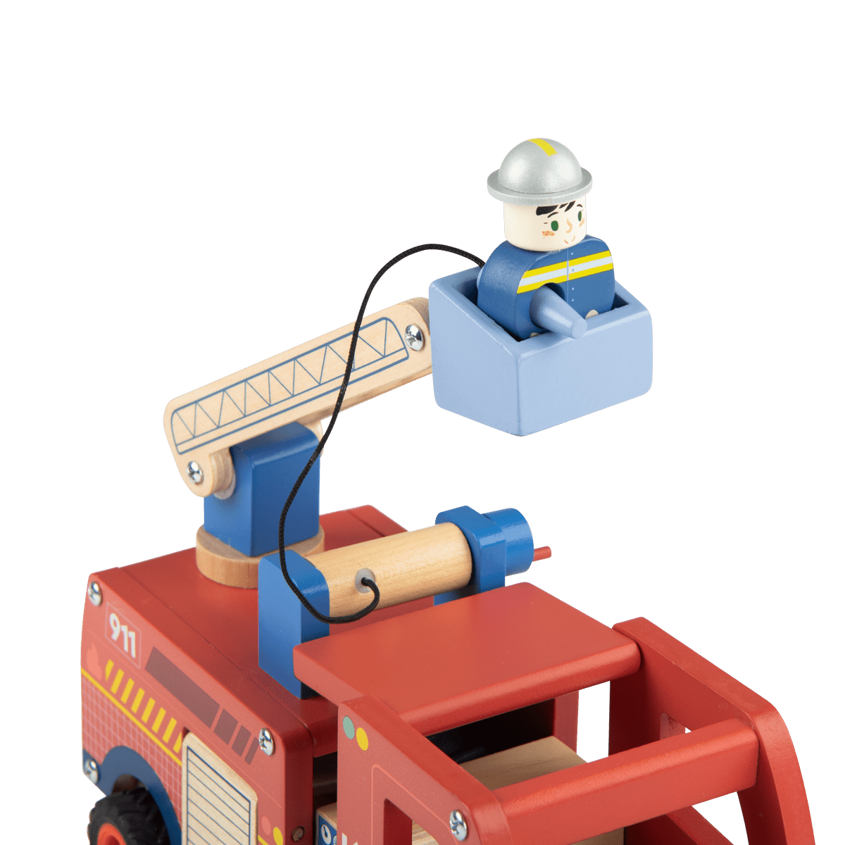 Detail of wooden ladder mechanism and firefighter figure in basket holding water lance