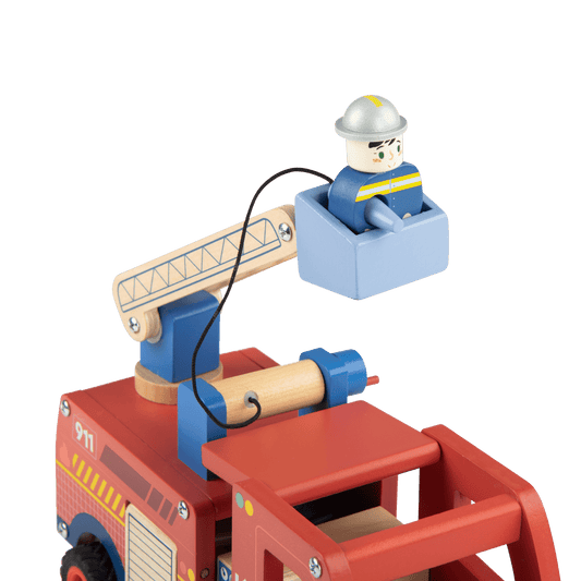 Detail of wooden ladder mechanism and firefighter figure in basket holding water lance