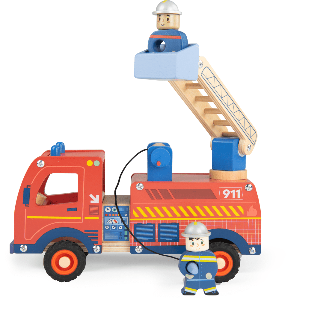 Red wooden fire truck with raised ladder basket holding firefighter figure and hose accessory
