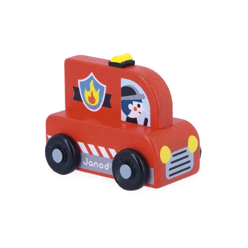Red Janod wooden fire truck toy with firefighter figure and lights