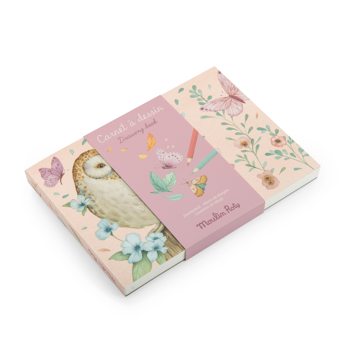 Moulin Roty Les Rosalies drawing book with owl and floral watercolor cover