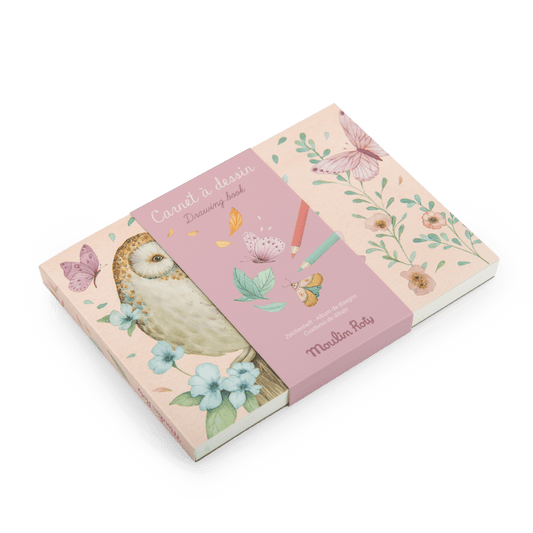 Moulin Roty Les Rosalies drawing book with owl and floral watercolor cover