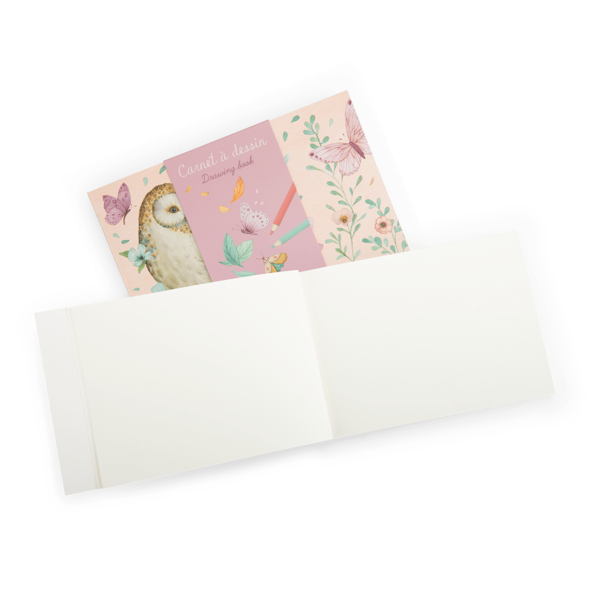 Open Moulin Roty sketchbook showing thick cream paper pages for children